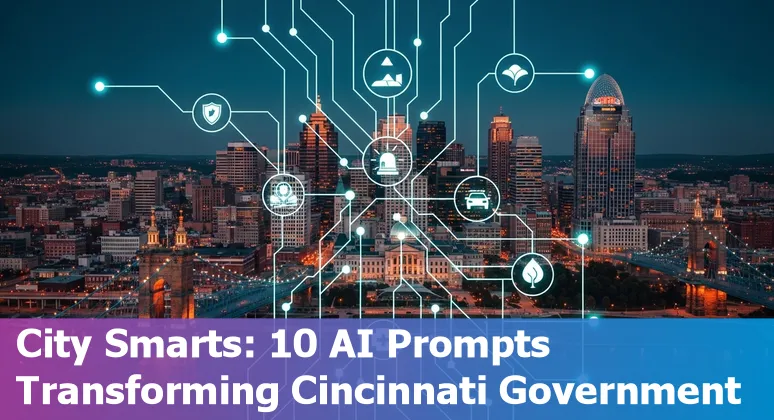 City of Cincinnati skyline with icons for AI, cybersecurity, healthcare, traffic, and environment.