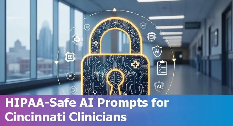 Healthcare professional using AI tools on a tablet with Cincinnati skyline in background