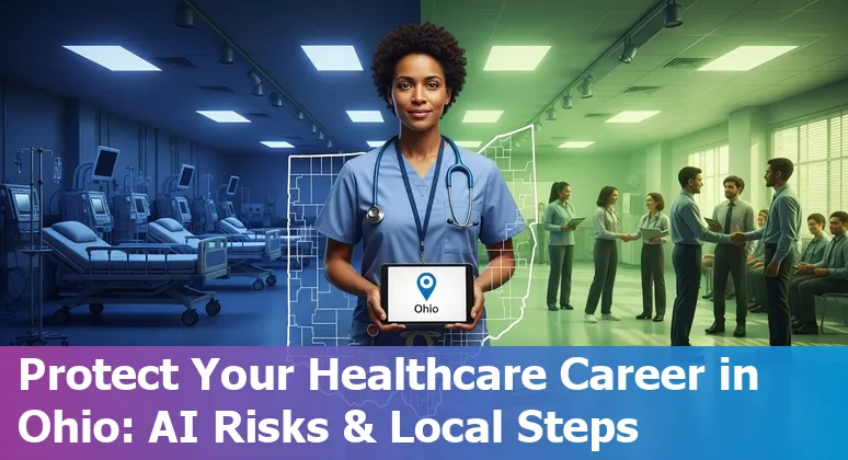 Cincinnati hospital skyline with healthcare workers and AI icons representing automation risk