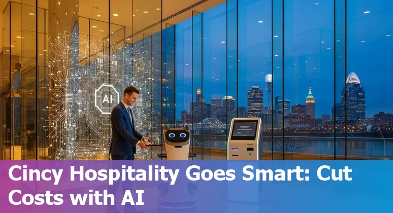Hotel lobby kiosk using AI check-in with Cincinnati skyline visible, Cincinnati, Ohio