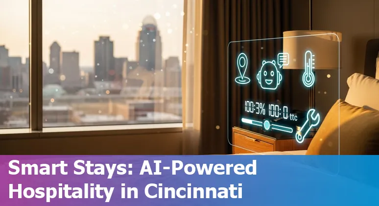 Hotel staff using AI dashboard with Cincinnati skyline in background, showing prompts and use-case icons