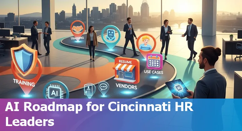 HR professional using AI tools in Cincinnati, Ohio skyline in background