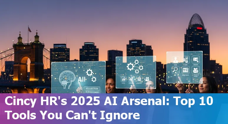 Cincinnati HR professionals reviewing top AI tools on a laptop with city skyline in background.