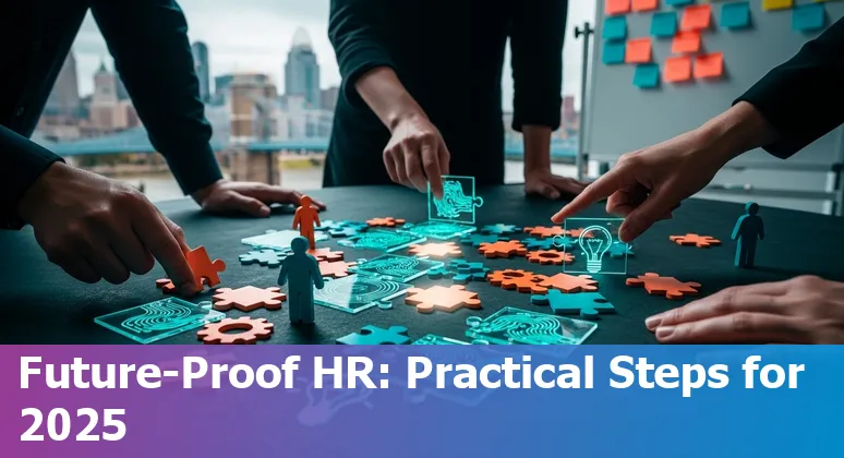 HR professional using AI tools with Cincinnati, Ohio skyline in background at UC 1819 Innovation Hub