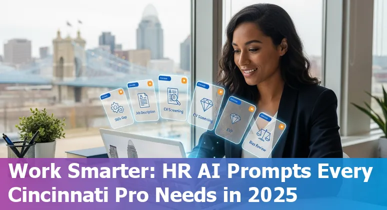 Cincinnati HR professional using AI tools on a laptop, skyline of Cincinnati in background