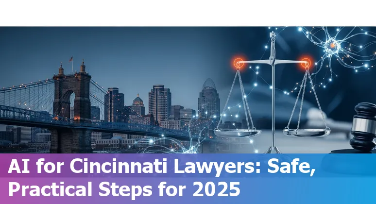 Cincinnati, Ohio legal professionals using AI tools on laptops with Cincinnati skyline background