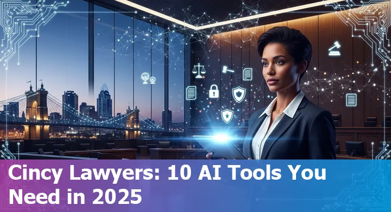 Cincinnati skyline overlaid with legal icons and AI tool logos representing top legal AI tools for 2025.