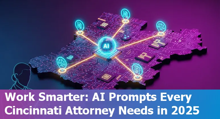 Cincinnati skyline with legal documents, laptop showing AI-generated legal analysis on screen.