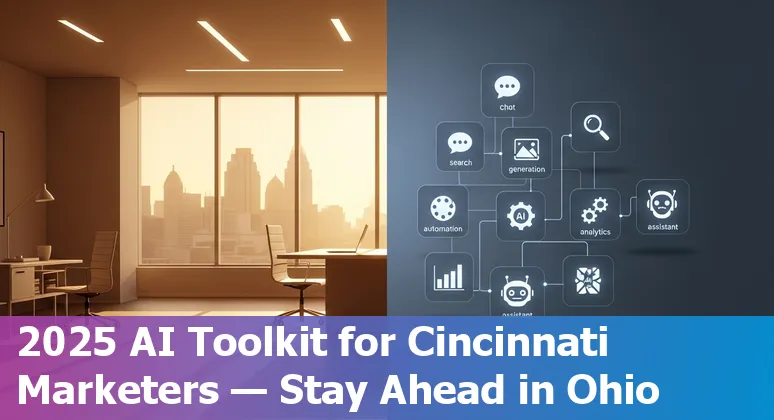 Illustration showing Cincinnati skyline with icons for ChatGPT, DALL·E 3, DeepSeek, Sora, Dynamic Yield, IBM Watson.