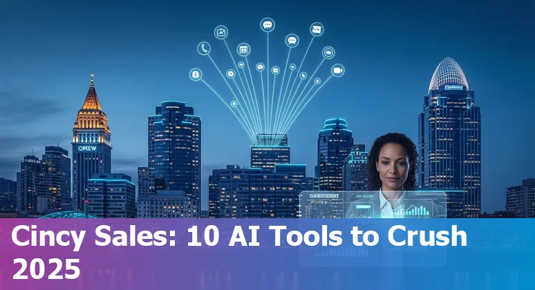 Cincinnati sales professional using AI sales tools on a laptop with city skyline in background