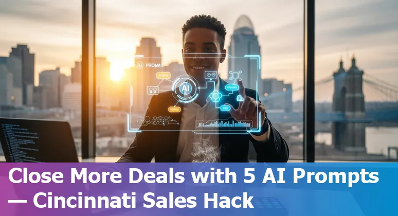 Sales professional using AI prompts on laptop with Cincinnati skyline in background