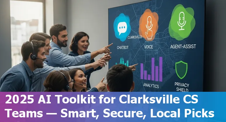 Customer service team in Clarksville using AI tools on laptop and phone with Tennessee skyline in background