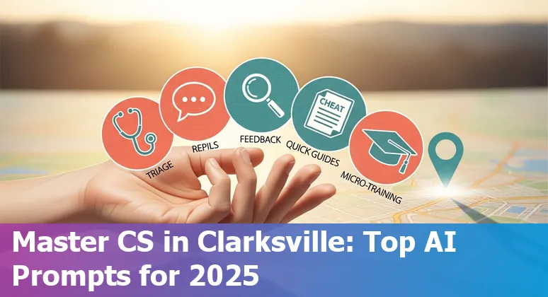 Customer service agent in Clarksville using AI prompts on a laptop with Clarksville skyline and Fort Campbell reference.