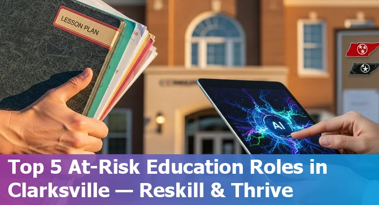 Clarksville educators discussing AI tools with laptop and school building in background