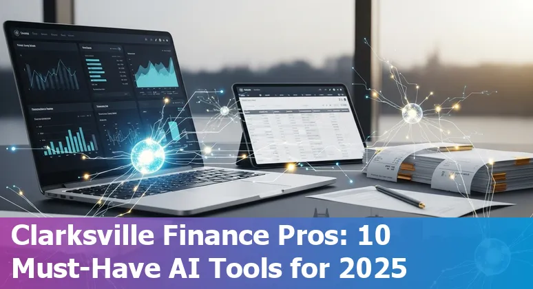 Collage of AI icons and finance spreadsheets over map of Clarksville, Tennessee