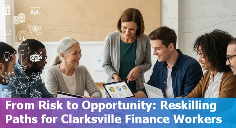 Clarksville bank branch with a worker using a laptop and AI icons representing automation risks