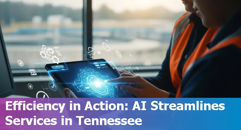 Clarksville, Tennessee city hall with AI icons representing cost savings and efficiency in Tennessee, US