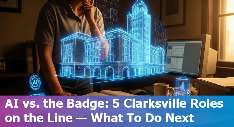 Clarksville city hall staff discussing AI tools with a laptop showing charts and a Tennessee flag in the background