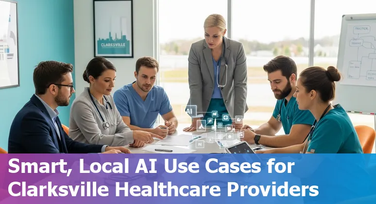 Healthcare worker using AI-powered tablet in a Clarksville clinic, illustrating AI prompts and use cases.