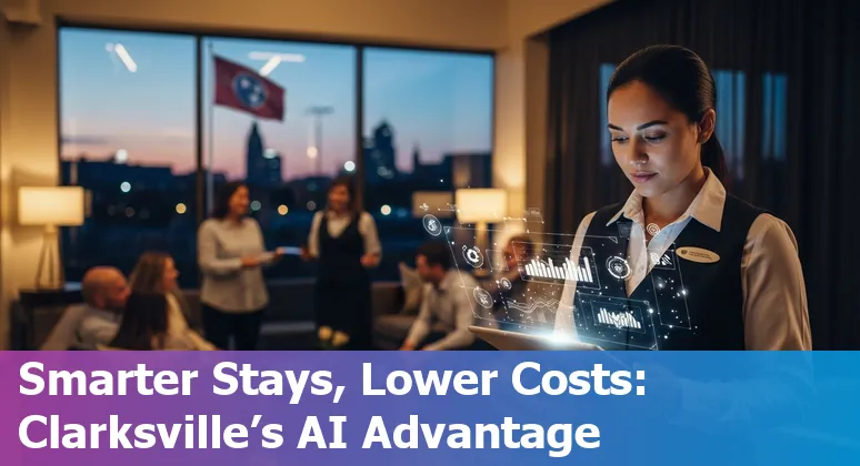 Hotel staff and AI dashboard showing savings and efficiency improvements in Clarksville, Tennessee hospitality