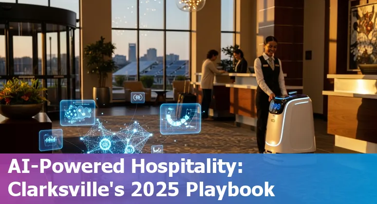 Hotel lobby with AI dashboard overlay for Clarksville, Tennessee hospitality industry in 2025