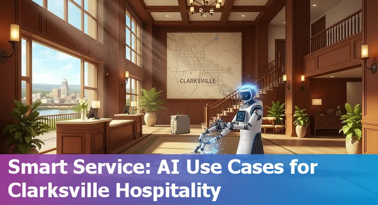 Hotel front desk using AI chatbot on tablet with Clarksville landmarks (Fort Campbell, Dunbar Cave) in the background.