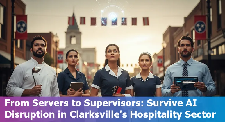 Hotel front desk, cleaning robot, and staff using a tablet — Clarksville hospitality workers adapting to AI.