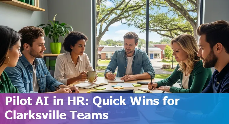 Collage of AI HR tools logos over a map pin on Clarksville, Tennessee with HR people working