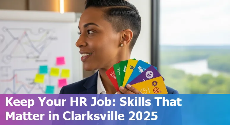 HR team reviewing AI hiring dashboard with Clarksville, Tennessee skyline in background