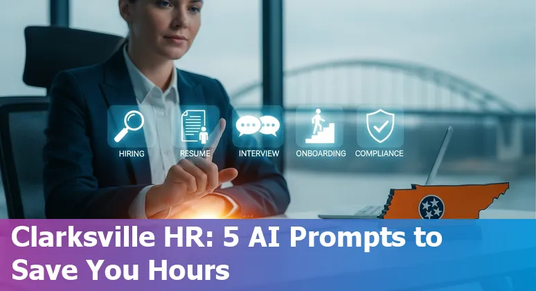 HR professional in Clarksville using AI prompts on a laptop with Clarksville skyline faintly visible