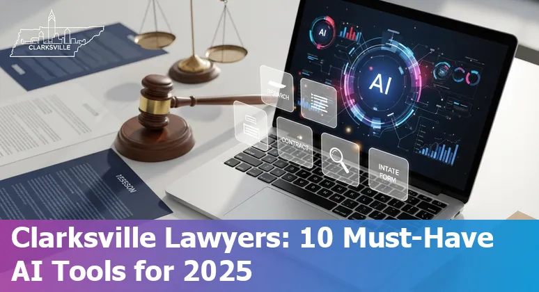 Collage of AI legal tools logos and a small Clarksville, TN courthouse silhouette