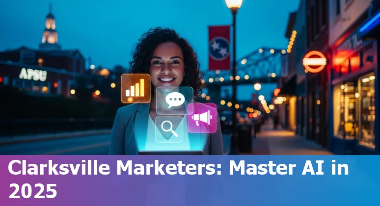 Clarksville, TN marketing team using AI tools at APSU event with Clarksville, Tennessee skyline in background