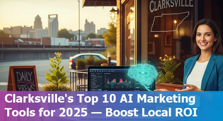 Collage of AI marketing tools logos over a Clarksville, Tennessee small-business backdrop