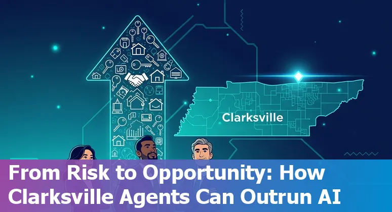 Clarksville real estate agent reviewing AI tools on a laptop with local houses in the background