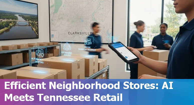 Retail staff using AI inventory tablet in a Clarksville, Tennessee store — AI tools helping local Tennessee retailers reduce costs and improve efficiency.
