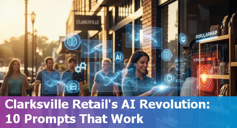 Shopfront in Clarksville, Tennessee with AI icons representing personalization, inventory, pricing, and chatbots.