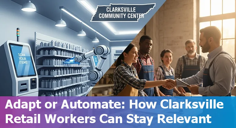 Clarksville retail worker using tablet with AI analytics overlay in a small Tennessee store