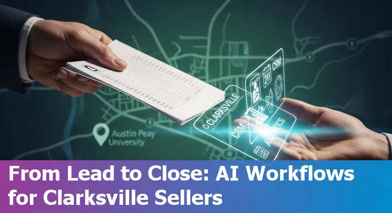 Sales professional using AI tools in Clarksville, Tennessee office, with APSU campus in background