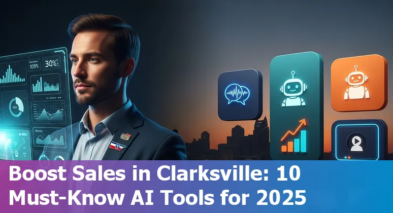 Sales professional in Clarksville using AI sales tools on a laptop with Clarksville skyline in the background.