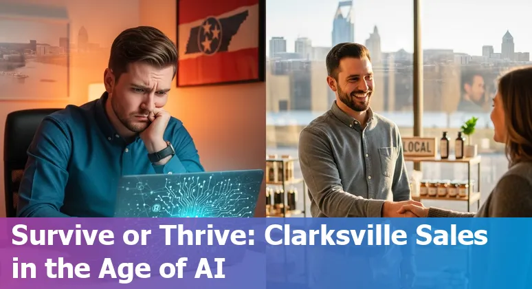 Salesperson using AI tools on laptop in Clarksville, Tennessee office — Will AI replace sales jobs in Clarksville, TN?
