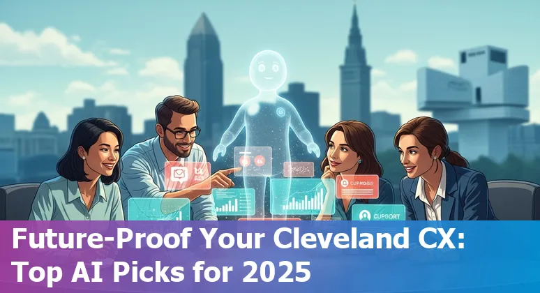 Customer service agent using AI chat tools with Cleveland skyline in background.