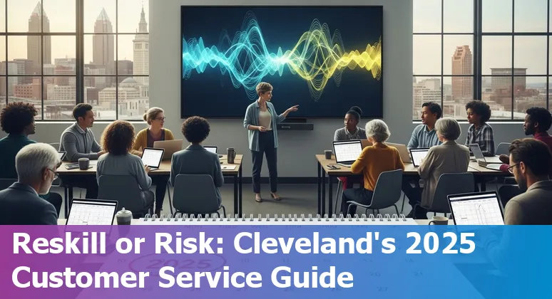 Customer service agent with AI overlay in Cleveland, Ohio skyline background — 2025