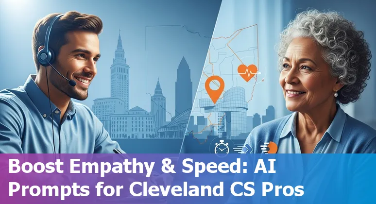 Customer service rep in Cleveland using AI on a laptop with a skyline view of Cleveland