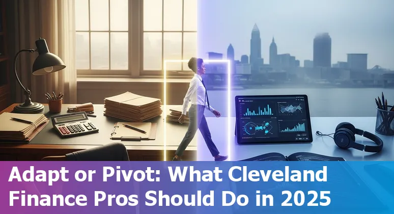 Finance professional working with AI dashboard in Cleveland, Ohio skyline visible, showing AI augmentation in local finance teams