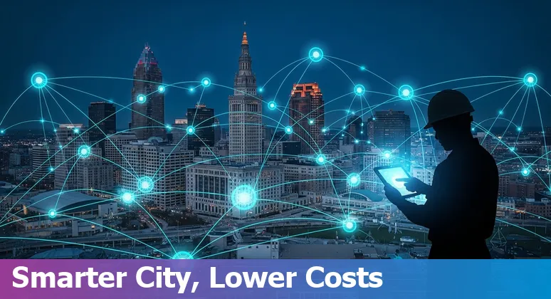 Cleveland, Ohio cityscape with icons showing AI, cost savings, and government services