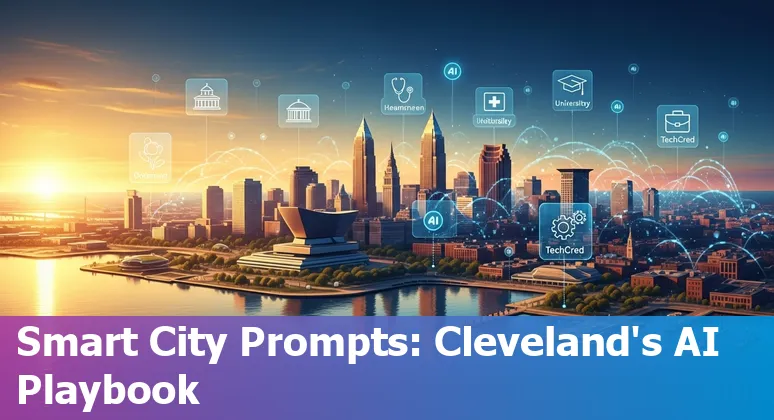 City of Cleveland skyline with AI icons overlay representing chatbots, healthcare, governance, and education.