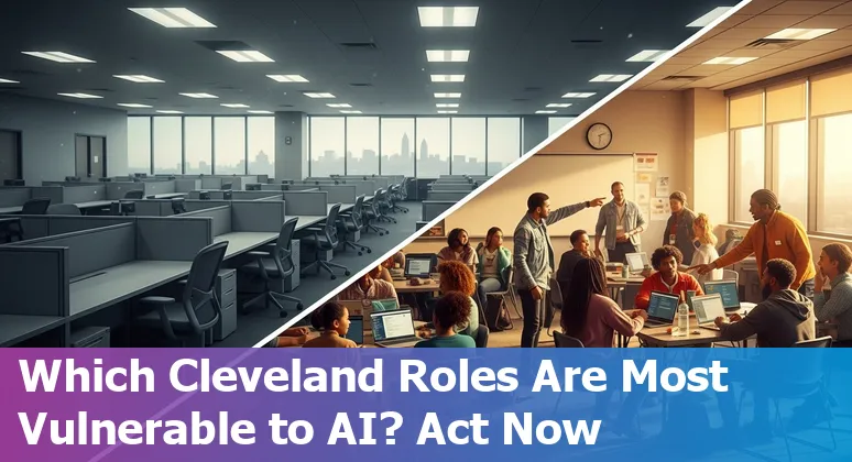Cleveland city hall with overlay icons representing AI, workers, and career transition