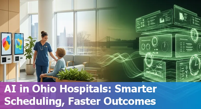 Healthcare workers reviewing AI dashboard at a Cleveland, OH hospital showing operational metrics and efficiency gains