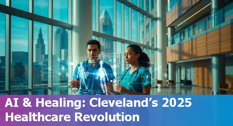 AI in healthcare illustration showing Cleveland, Ohio skyline with medical icons representing diagnostics, research, and patient care in 2025