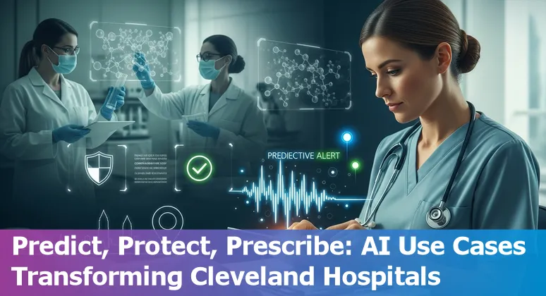 Healthcare worker with tablet reviewing AI-assisted clinical notes and radiology images in a Cleveland hospital setting